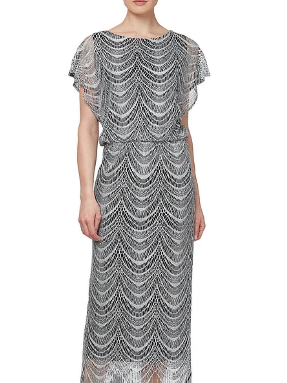 Ignite Evenings Short Sleeve Fringe Hem Crochet Blouson Round Neck Dress